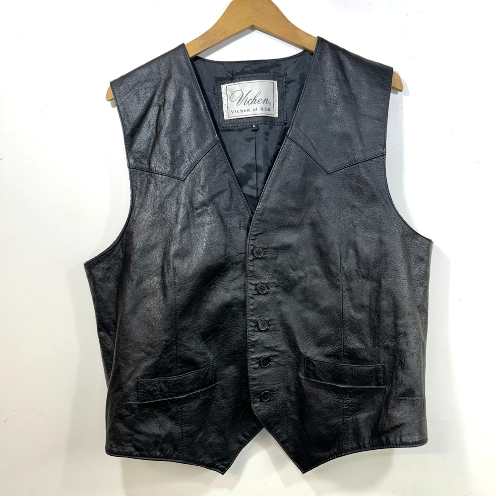 Vintage Vichen Of USA Black 100% Leather Men’s Vest Size L Western Yoke Biker